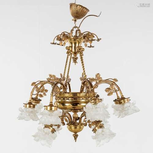 A chandelier, brass with glass lampshades. Circa 1970. (H: 8...