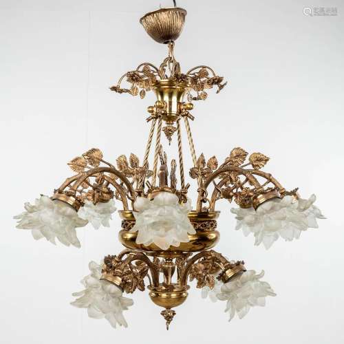 A chandelier, brass with glass shades. Circa 1970. (H: 85 x ...