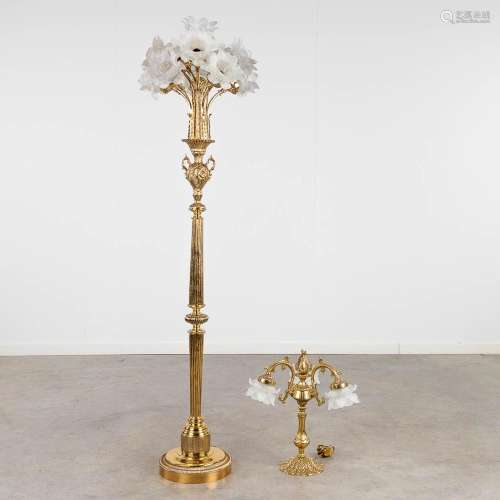 A decorative floor lamp and table lamp, brass, decorated wit...