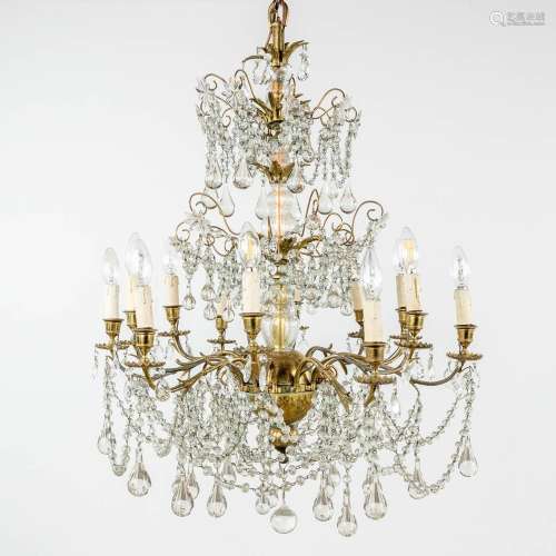 A large chandelier, bronze decorated with glass. 19th C. (H:...