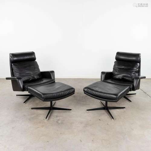 A pair of mid-century relax sofa's with matching ottoman, le...
