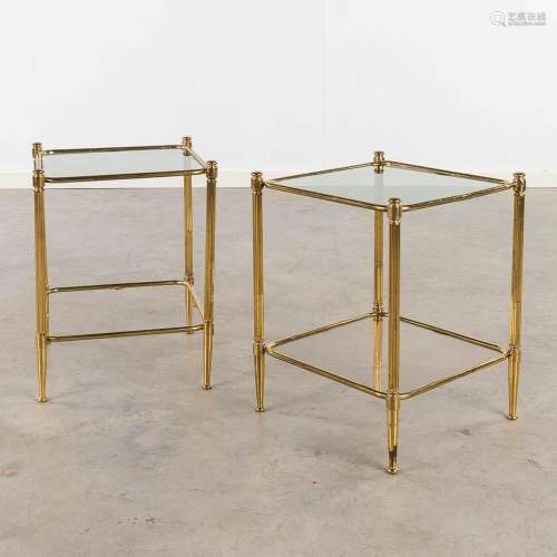 A pair of side tables, brass and fumé glass. (L: 38 x W: 38 ...