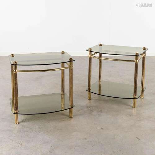 A pair of side tables, brass and glass. Circa 1980. (L: 45 x...