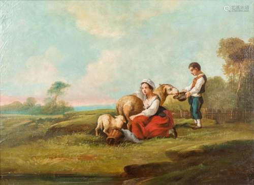 'Feeding the sheep, a painting, oil on canvas. 18th C. (W: 6...
