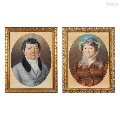A pair of portraits, watercolour on paper, added a pencil dr...