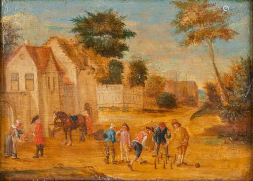 An antique painting 'The game' oil on panel. 18th C. (W: 25 ...