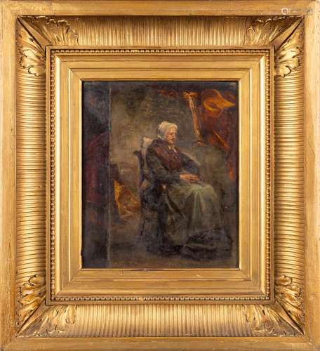 An antique painting 'the Waiting lady' oil on panel. (W: 25,...