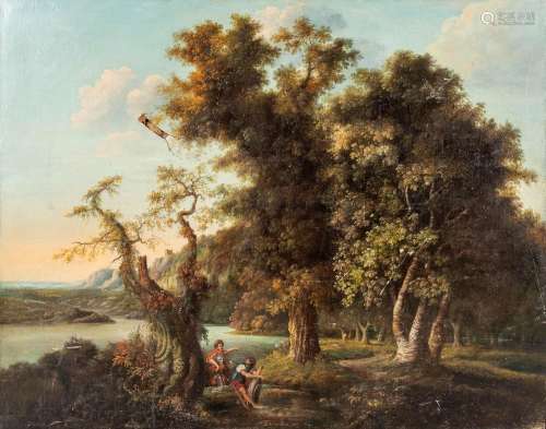 An antique painting, 'Landscape with figurines' oil on canva...