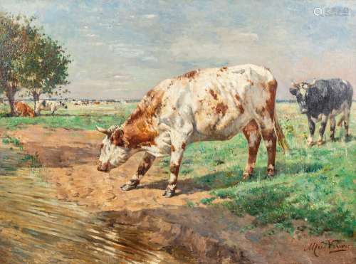 Alfred VERWEE (1838-1895) 'Koeien bij de drinkpoel' oil on c...