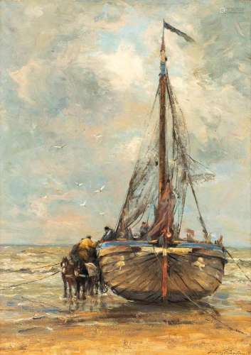 Franz COURTENS (1854-1943) 'Bateau de pêche à la côte' oil o...