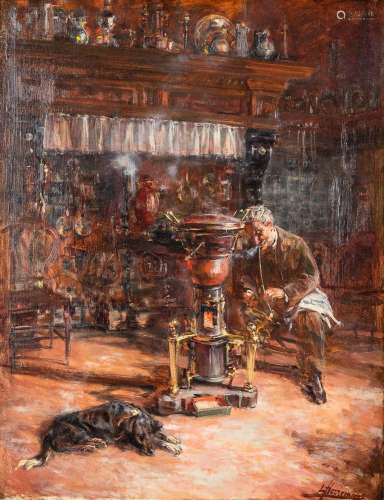 Lievin HERREMANS (1858-1907/21) 'Next to the fireplace' oil ...