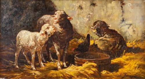Charles JACQUES (1879-1959) 'Sheep in a barn' oil on panel. ...