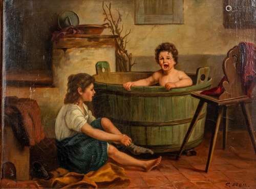 Corneille DEBIE (XIX) 'Bathing time' oil on canvas. (W: 45 x...