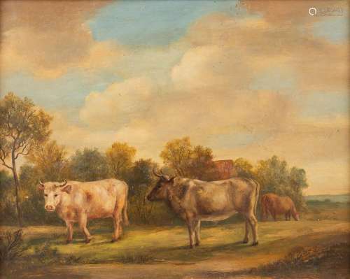 Cows in a field, a painting, oil on a panel. Circa 1900. (W:...