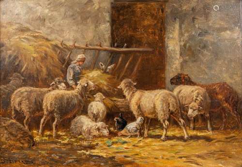 James DESVARREUX-LARPENTEUR (1847-1937) 'Sheep in a barn' oi...
