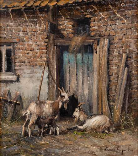 Leon ENGELEN (1943) 'Goats' oil on canvas. (W: 35 x H: 40 cm...