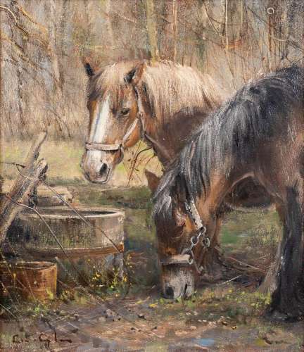 Leon ENGELEN (1943) 'Horses' oil on canvas. (W: 35 x H: 40 c...