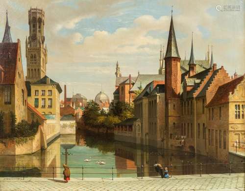 Joseph MASWIENS (1828-1880) 'Rozenhoedkaai, Bruges' oil on c...