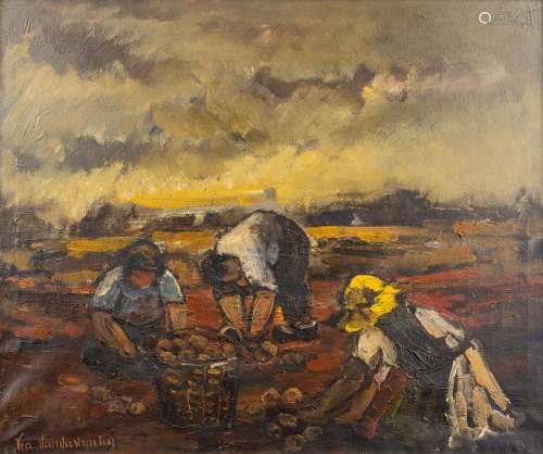 Lea VANDERSTRAETEN (1929) 'Farmers in the field' oil on canv...