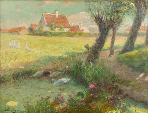 Piet VAN ENGELEN (1863-1924) 'Ducks at a farm' oil on canvas...