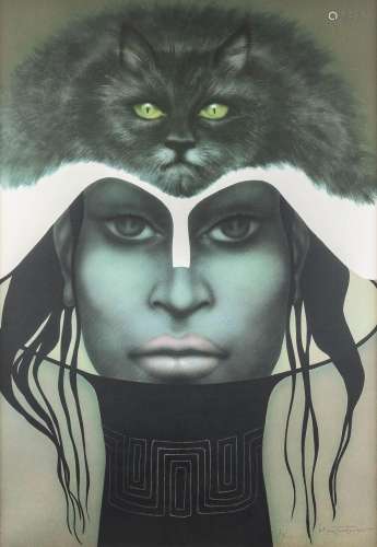 Jef VAN TUERENHOUT (1926-2006) 'Lady with a cat', a lithogra...