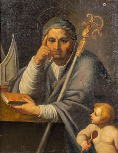 An antique painting, 'Saint Augustine with a staff and putto...