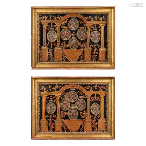 A pair of reliquary frames 'The year calendar' with 365 reli...