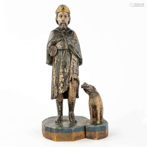 An antique wood sculpture 'Saint Rochus and his dog'. 19th C...
