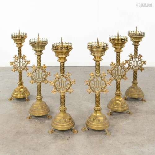 A set of 6 Church candlesticks, bronze, decorated with the I...