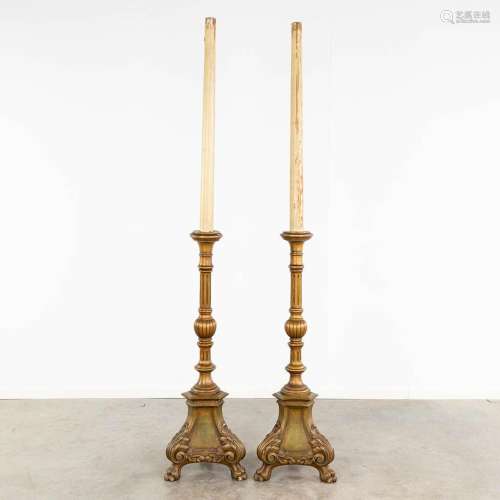 A pair of wood-sculptured church candlesticks. 19th C. (L: 4...