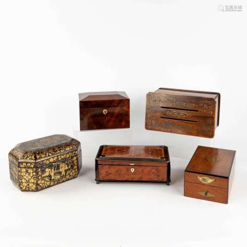 A collection of 5 antique storage boxes, 'Répondre and Répon...
