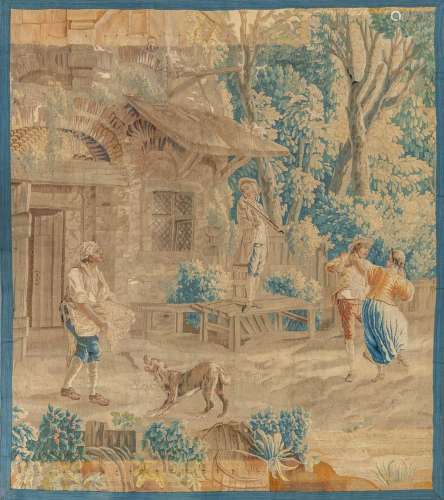 An antique Aubusson tapistery, a village view with dancing c...