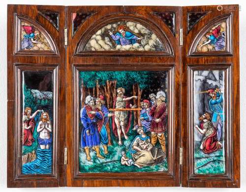 A Triptych, enamel on copper, Limoges, France, 20th century....