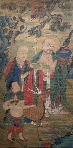 Chinese Buddhist Painting, Ink And Color On Silk, Ding Guanp...