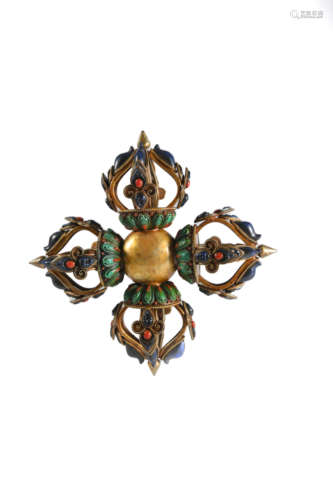 Gilt Bronze Gem Stone Inlay Cross Vajra