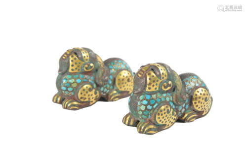 A Pair Of Gold, Silver And Turquoise Inlay Mythical Beats