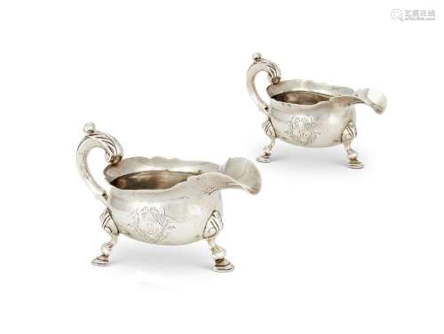 A PAIR OF GEORGE II SILVER SHAPED OVAL SAUCE BOATS