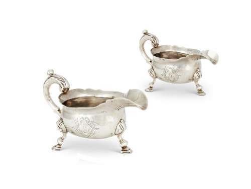 A PAIR OF GEORGE II SILVER SHAPED OVAL SAUCE BOATS