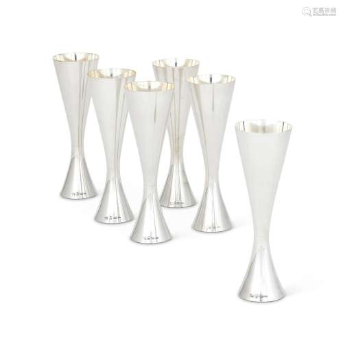 A SET OF SIX ITALIAN SILVER COLOURED CHAMPAGNE FLUTES