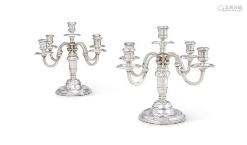 A PAIR OF FRENCH SILVER COLOURED FIVE LIGHT CANDELABRA