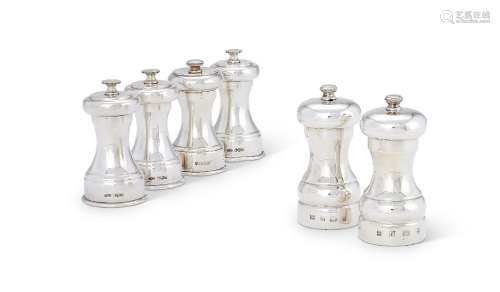 SIX SILVER PEPPER GRINDERS