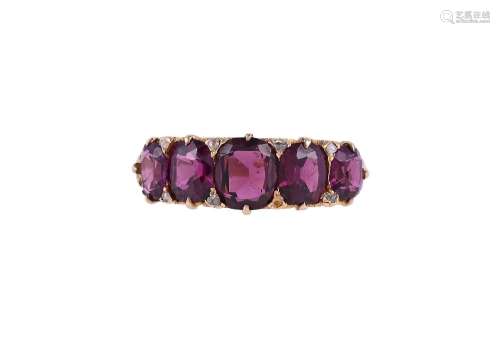 A LATE VICTORIAN GARNET AND DIAMOND POINT FIVE STONE RING, C...