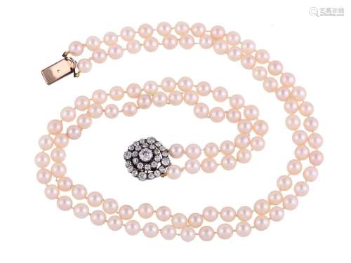 A TWO STRAND CULTURED PEARL NECKLACE TO A DIAMOND TARGET CLU...