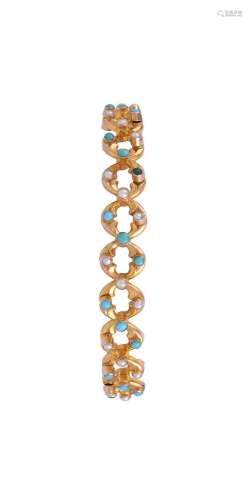 A VICTORIAN TURQUOISE AND HALF PEARL SPRUNG BRACELET, CIRCA ...