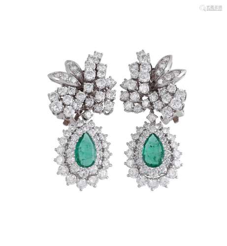 A PAIR OF EMERALD AND DIAMOND EAR CLIPS