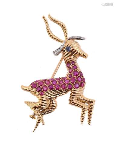 A 1960S FRENCH GAZELLE RUBY, DIAMOND AND SAPPHIRE BROOCH