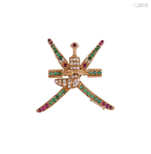 WILLIAM & SON, A DIAMOND, EMERALD AND RUBY BROOCH OF THE...