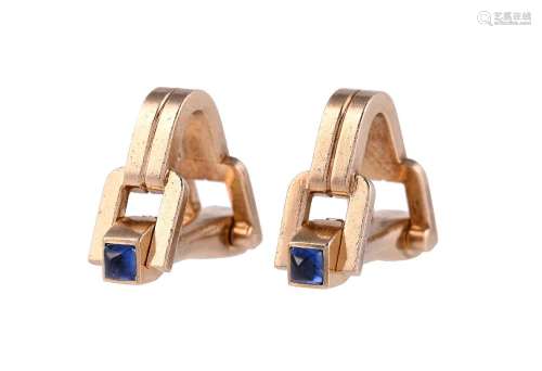 A PAIR OF 1970S SAPPHIRE AND GOLD COLOURED STIRRUP SHAPED CU...