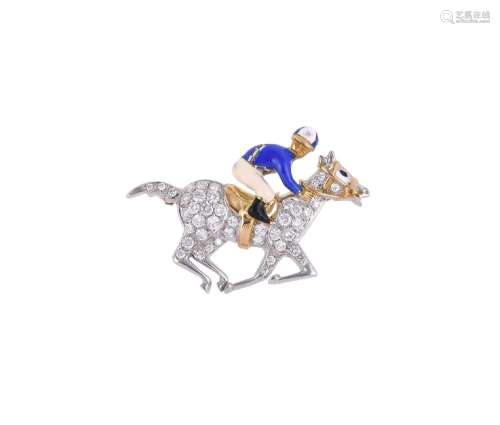 A DIAMOND HORSE AND JOCKEY BROOCH