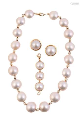 A MABÉ PEARL AND DIAMOND COLLAR NECKLACE, AND A SIMILAR PAIR...